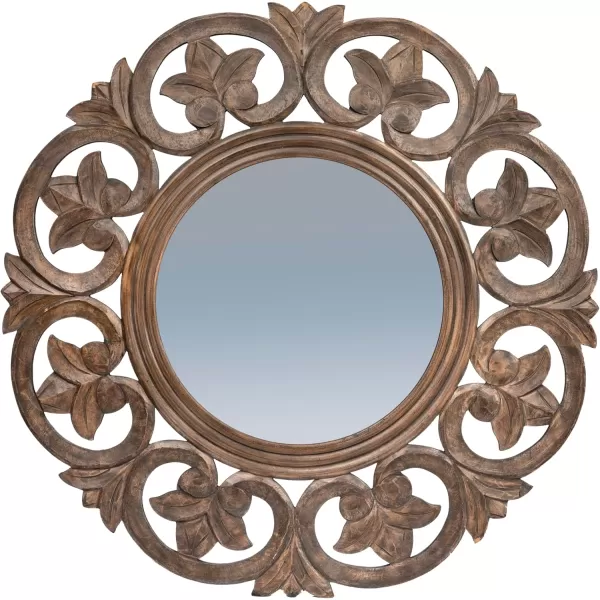 Creative CoOp Round Carved Wood Botanical Framed Wall Mirror Walnut Brown
