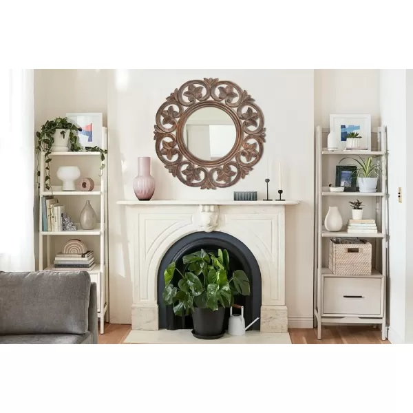 Creative CoOp Round Carved Wood Botanical Framed Wall Mirror Walnut Brown