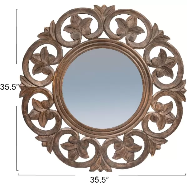 Creative CoOp Round Carved Wood Botanical Framed Wall Mirror Walnut Brown