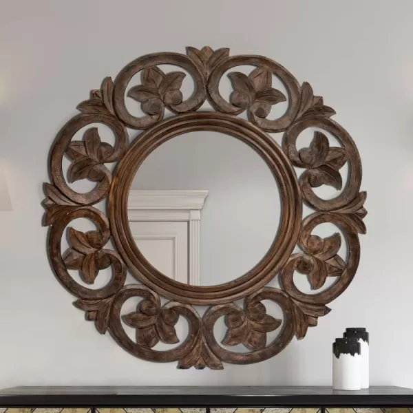 Creative CoOp Round Carved Wood Botanical Framed Wall Mirror Walnut Brown