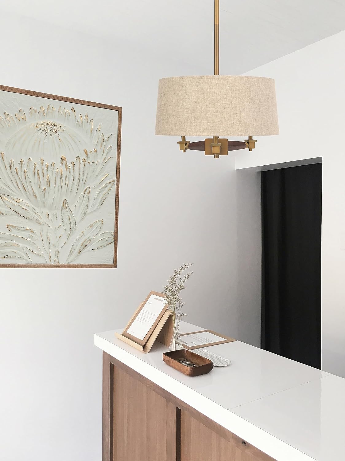 Creative CoOp 18 Inch Brushed Gold and Wood Drum Pendant