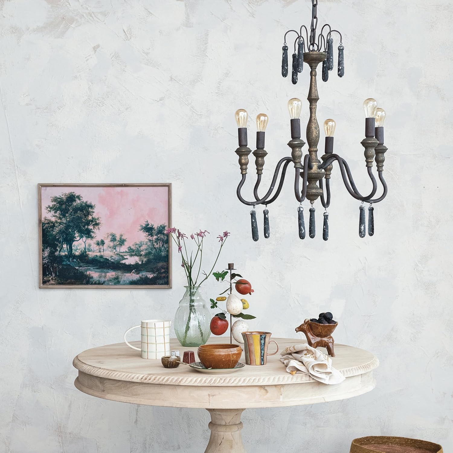 Creative CoOp 25 Watt Elegant Distressed Metal Pendant Lamp with Wood Drops Black and Gold