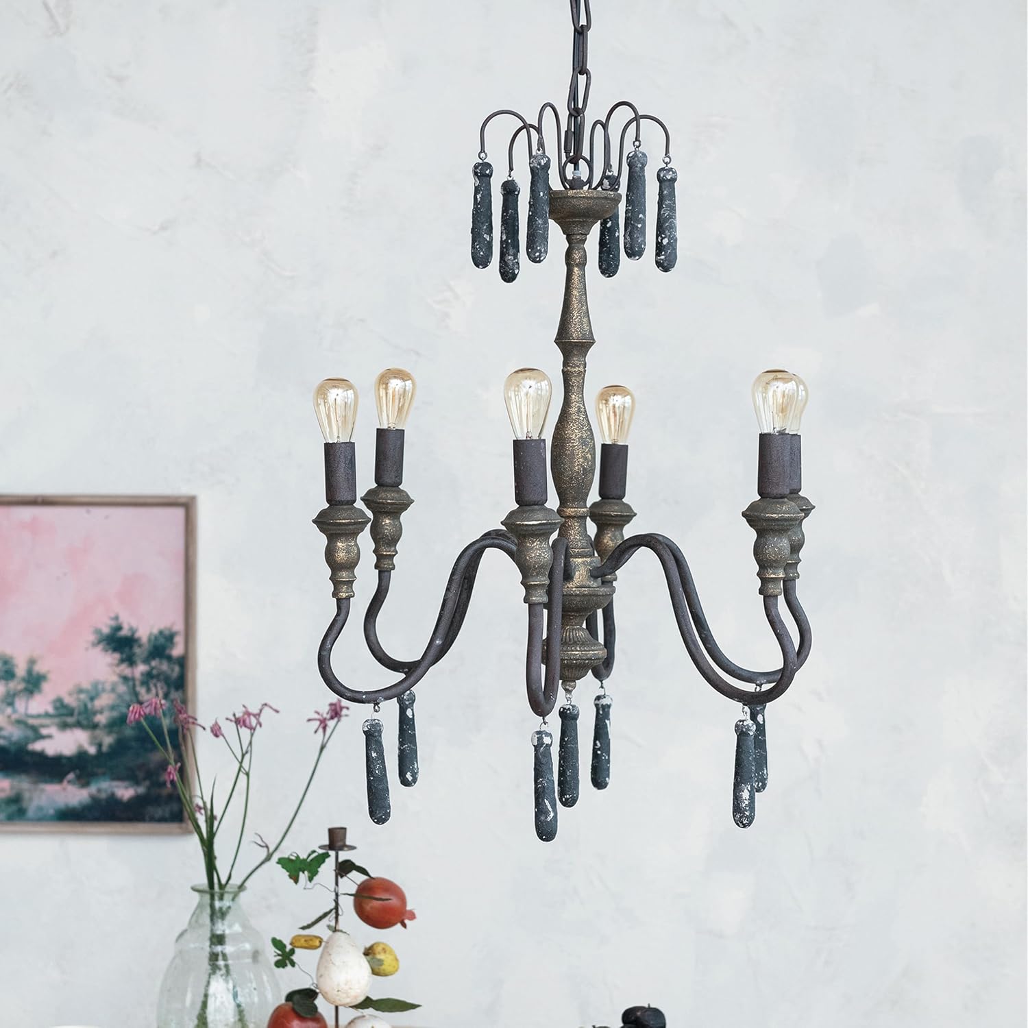 Creative CoOp 25 Watt Elegant Distressed Metal Pendant Lamp with Wood Drops Black and Gold