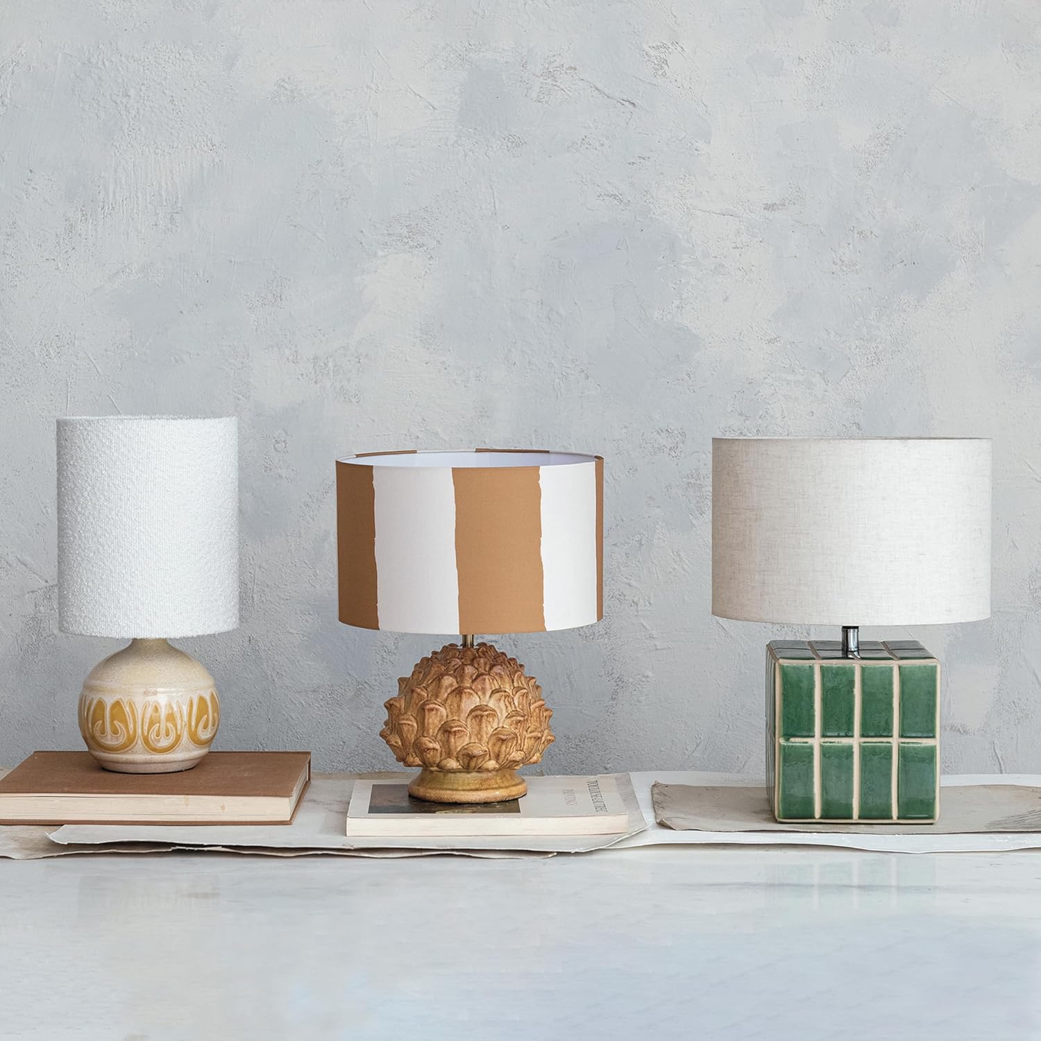 Creative CoOp 60 Watt Sunlit Embossed Stoneware Table Lamp Set Yellow and Cream Set of 2