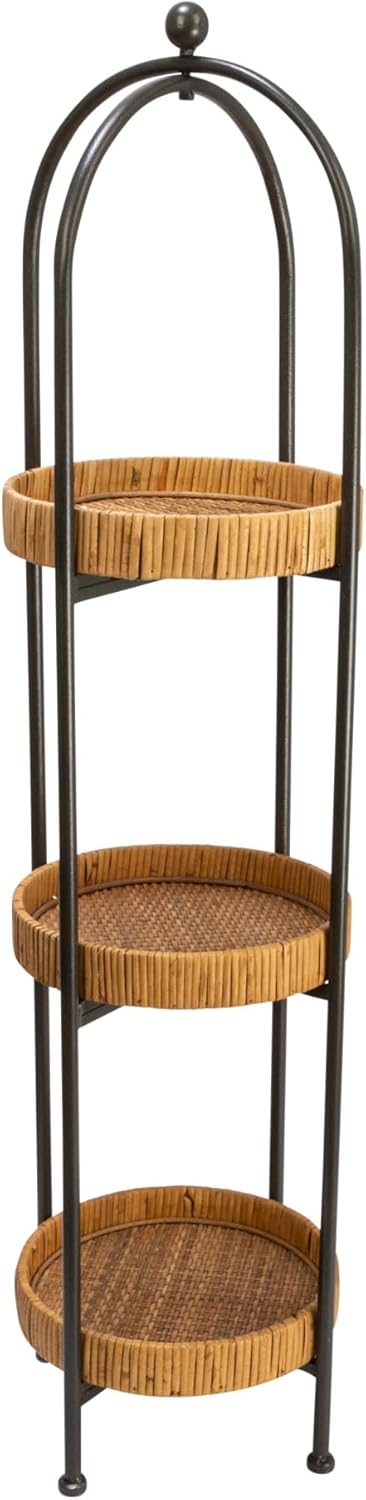 Creative CoOp Arched Metal Plant Stand or Shelf with 3 Round Removable Rattan Trays Natural and WhiteBlack