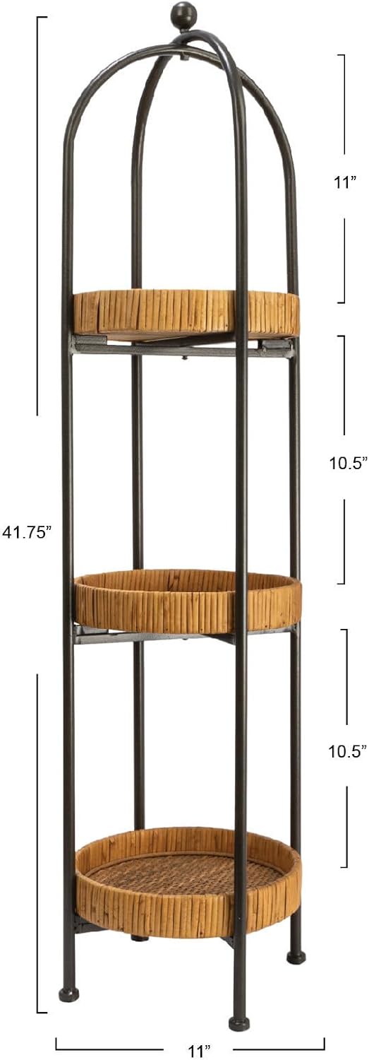 Creative CoOp Arched Metal Plant Stand or Shelf with 3 Round Removable Rattan Trays Natural and WhiteBlack