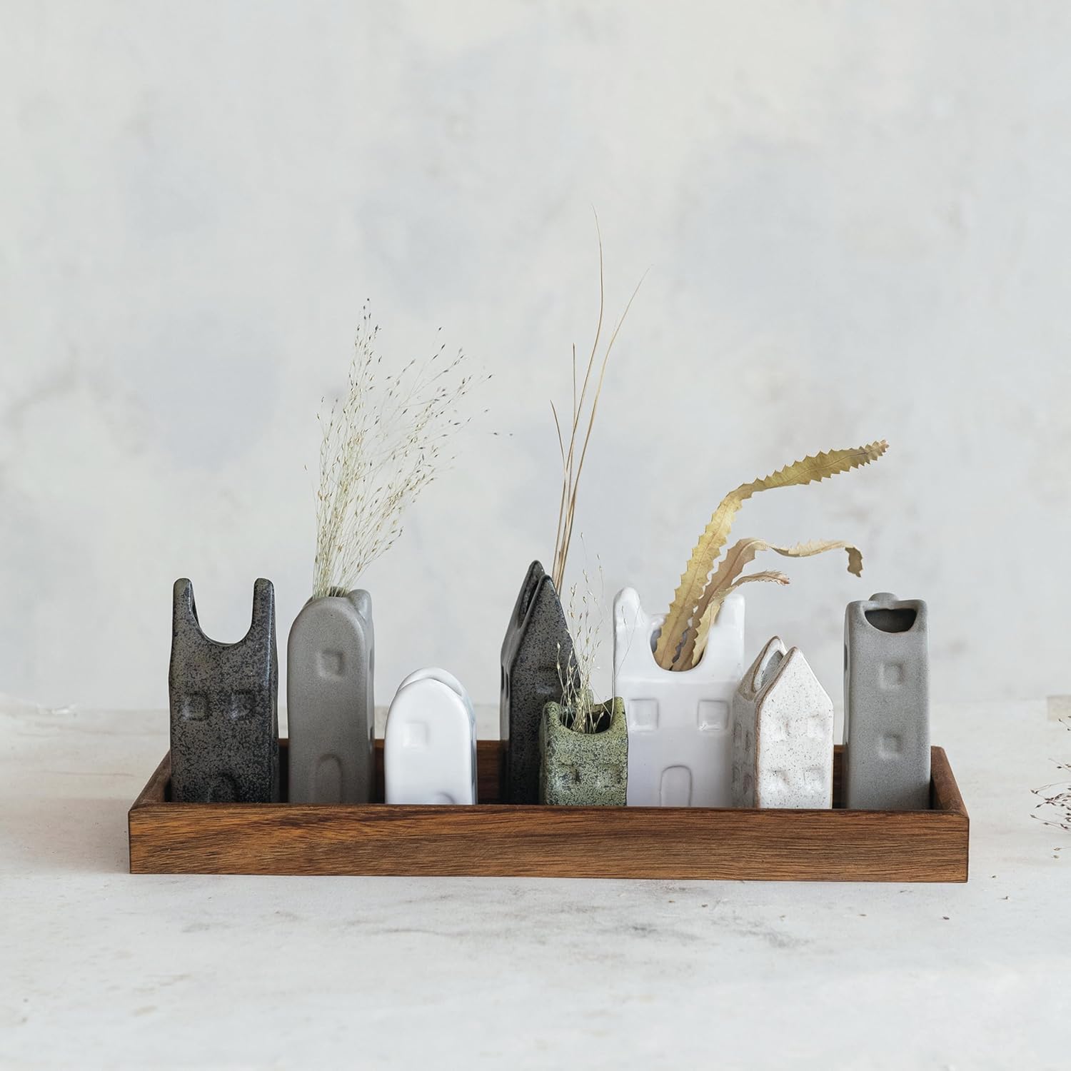 Creative CoOp Bohemian HouseShaped Stoneware Vase Set Multicolor Set of 8