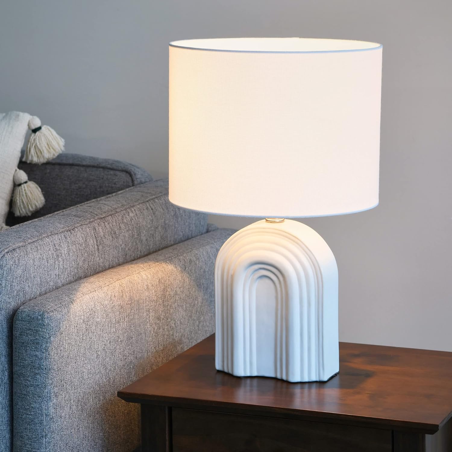 Creative CoOp Carved Arch Stoneware Table Lamp with Linen Drum Shade White