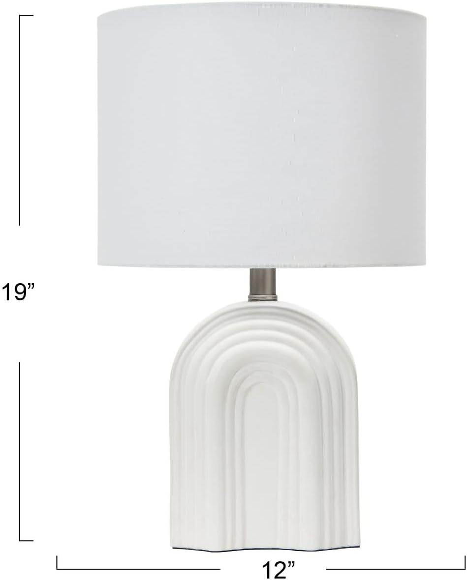 Creative CoOp Carved Arch Stoneware Table Lamp with Linen Drum Shade White