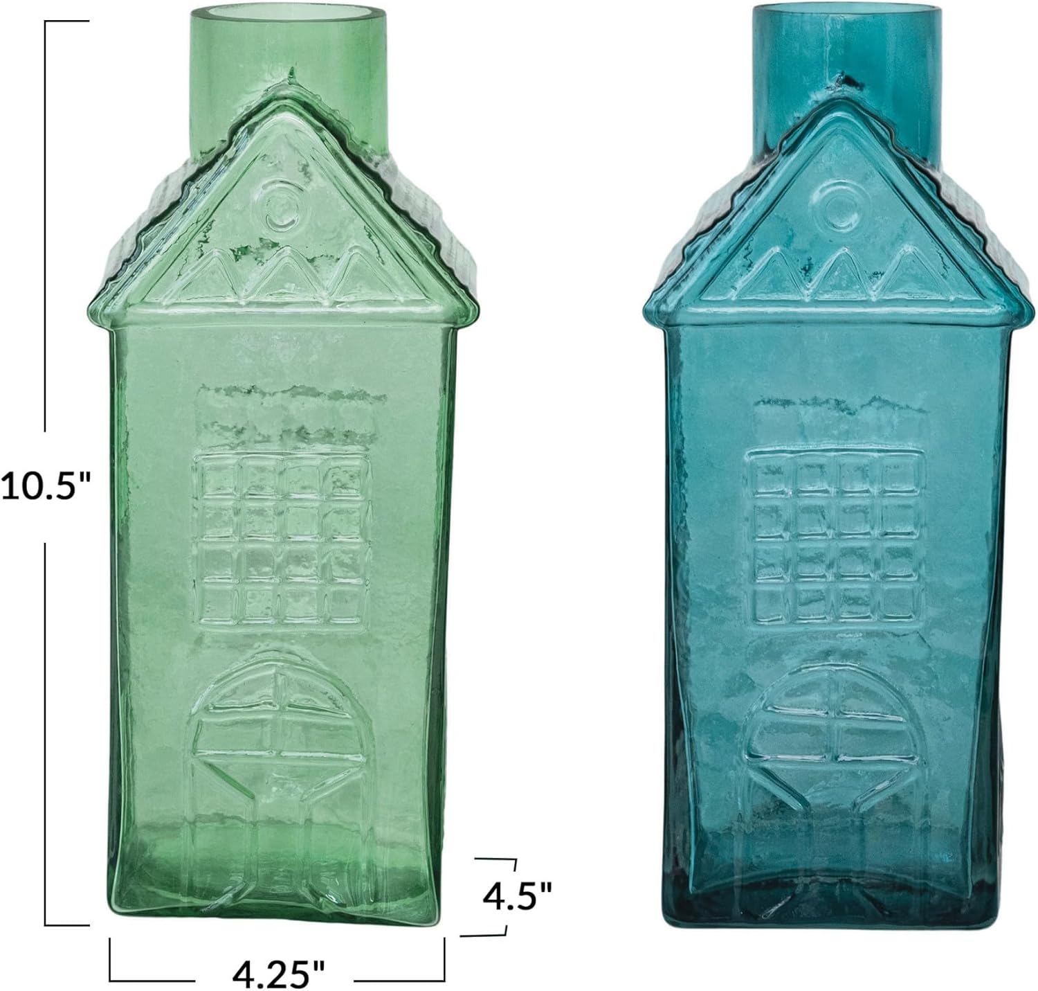 Creative CoOp Charming Glass HouseShaped Vases Green and Blue Set of 2