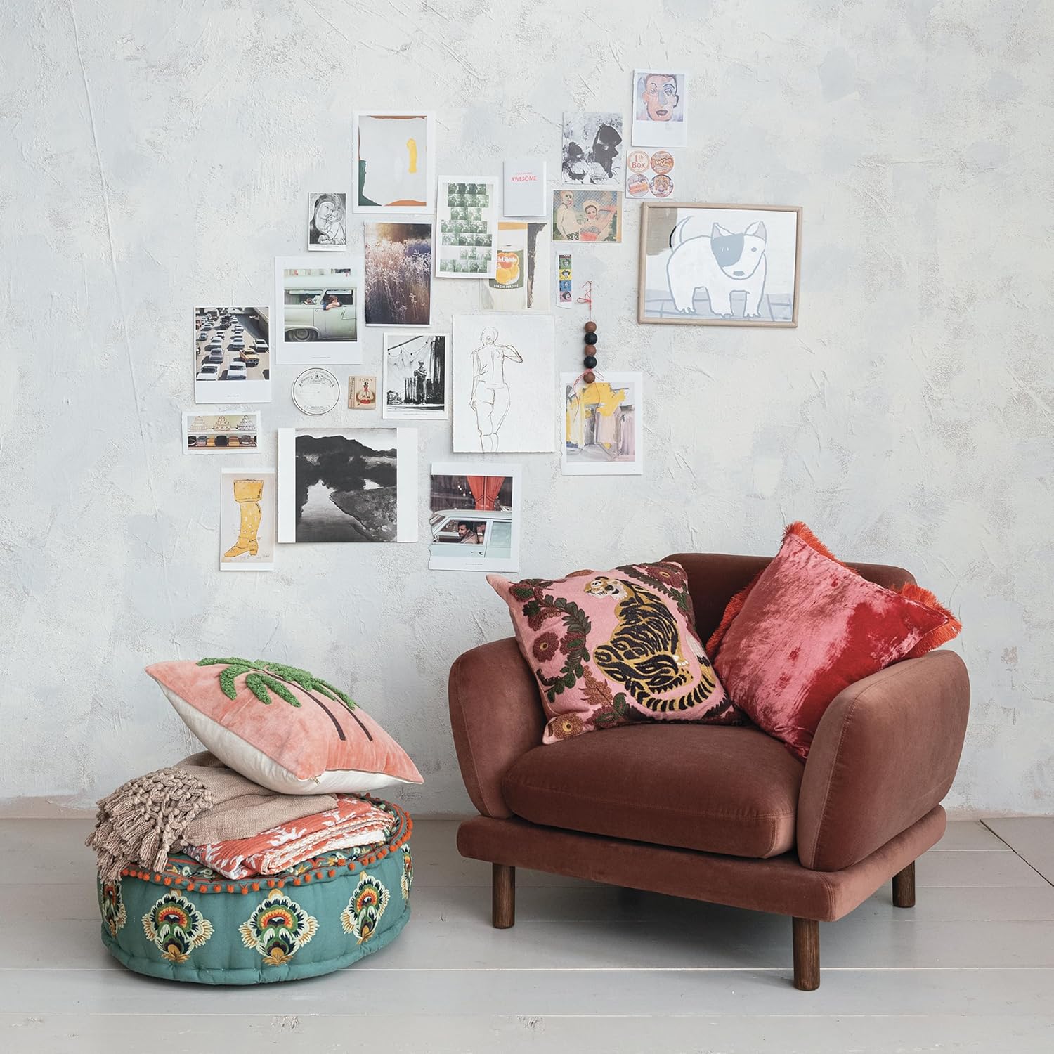 Creative CoOp Clay Velvet Upholstered Sofa with Oak Wood Legs ColorArm Chair