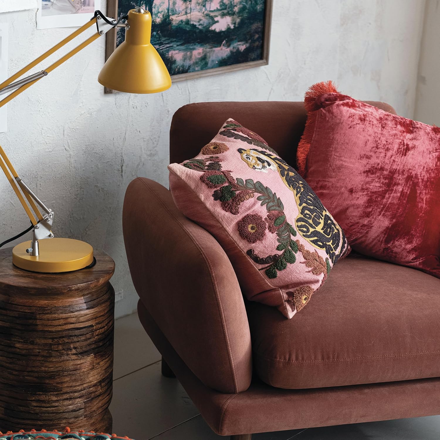 Creative CoOp Clay Velvet Upholstered Sofa with Oak Wood Legs ColorArm Chair