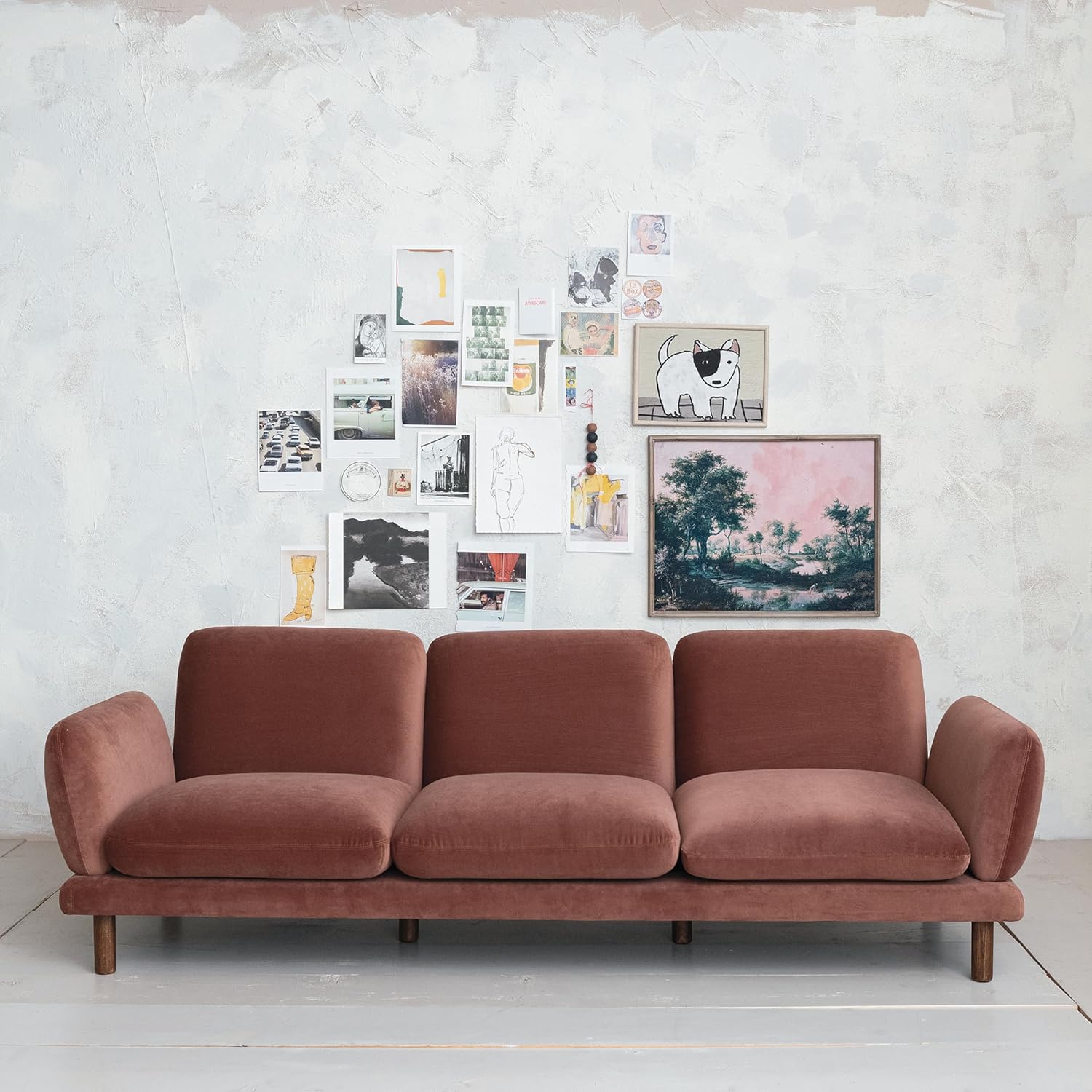 Creative CoOp Clay Velvet Upholstered Sofa with Oak Wood Legs ColorSofa