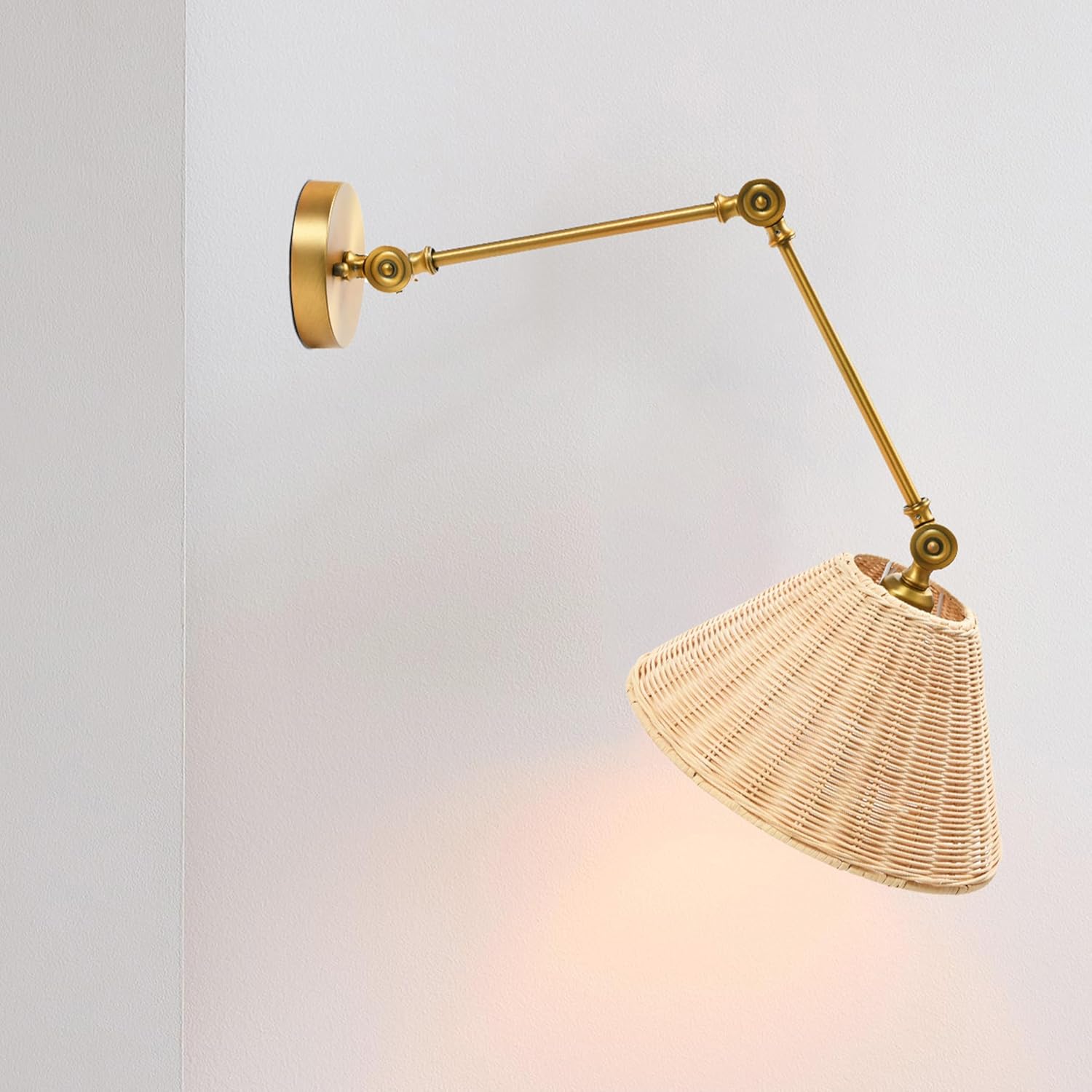 Creative CoOp Coastal Adjustable Wall Sconce with Black Rattan Shade Antique Brass FinishAntique Brass