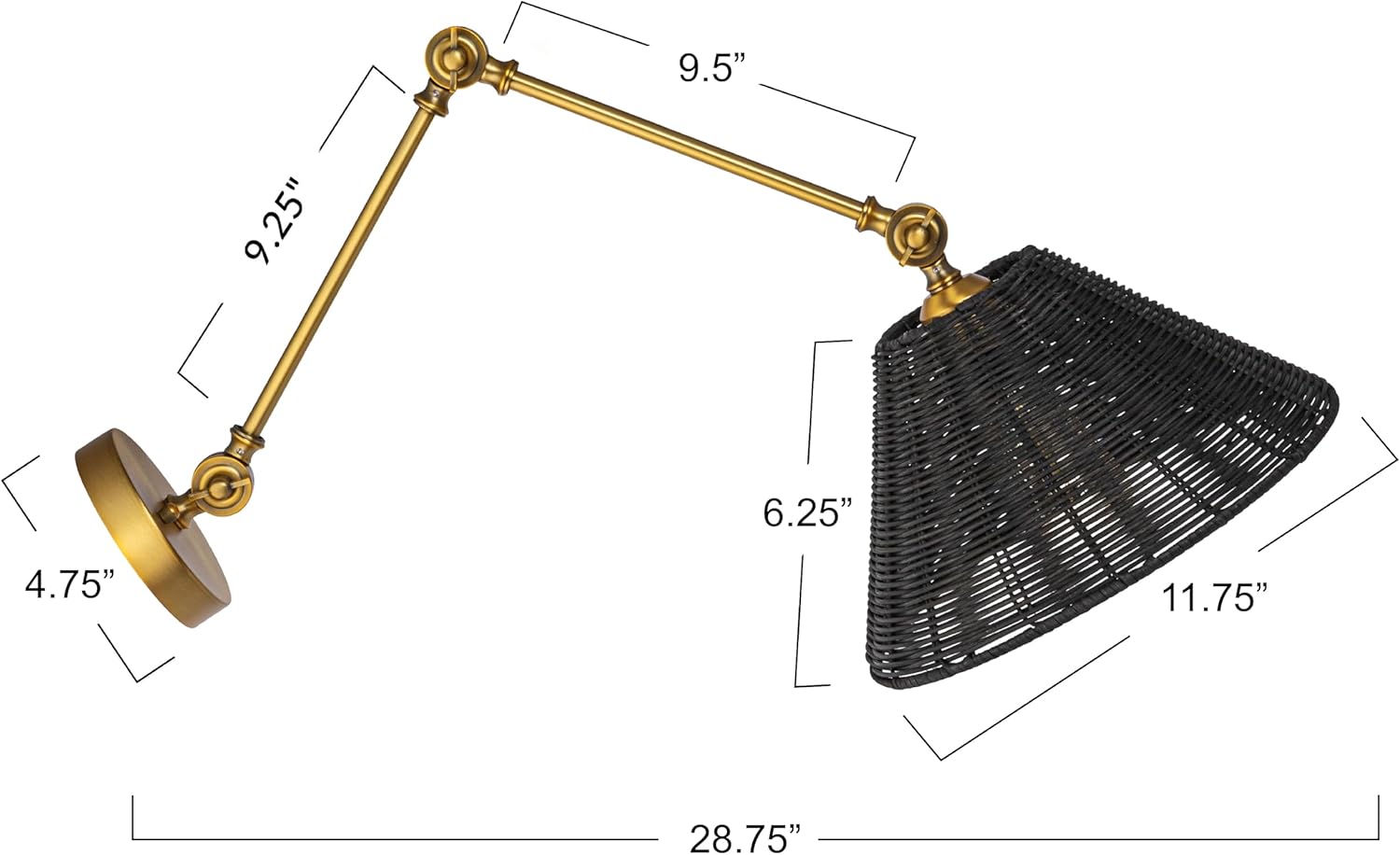 Creative CoOp Coastal Adjustable Wall Sconce with Black Rattan Shade Antique Brass FinishAntique BrassBlack