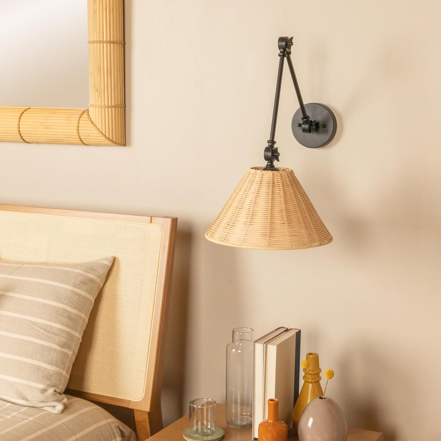 Creative CoOp Coastal Adjustable Wall Sconce with Black Rattan Shade Antique Brass FinishBlack