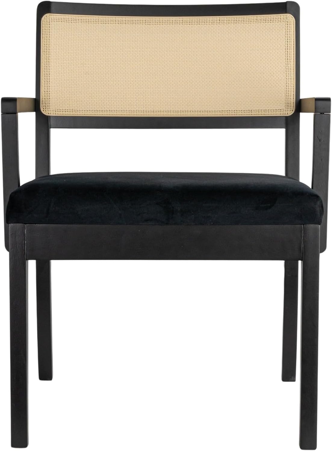 Creative CoOp Crawford Mid Century Modern Solid Wood Black Arm Chair with Natural Woven Cane Back and Velvet Upholstered Seat BlackBlack and Natural