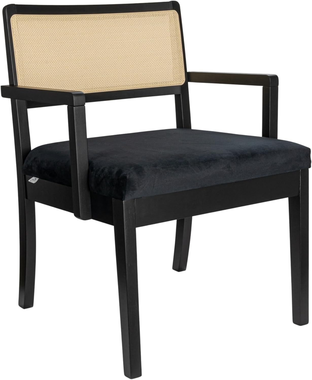 Creative CoOp Crawford Mid Century Modern Solid Wood Black Arm Chair with Natural Woven Cane Back and Velvet Upholstered Seat BlackBlack and Natural