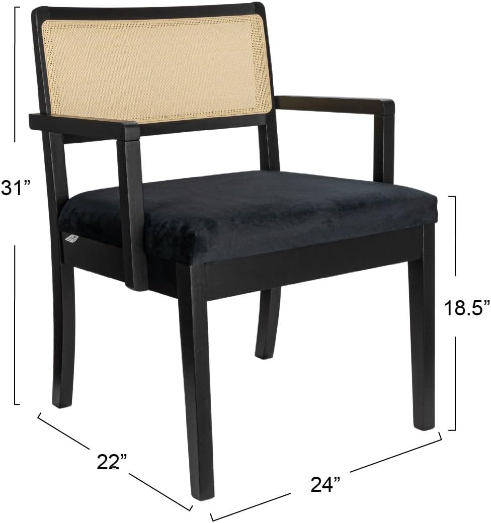 Creative CoOp Crawford Mid Century Modern Solid Wood Black Arm Chair with Natural Woven Cane Back and Velvet Upholstered Seat BlackBlack and Natural