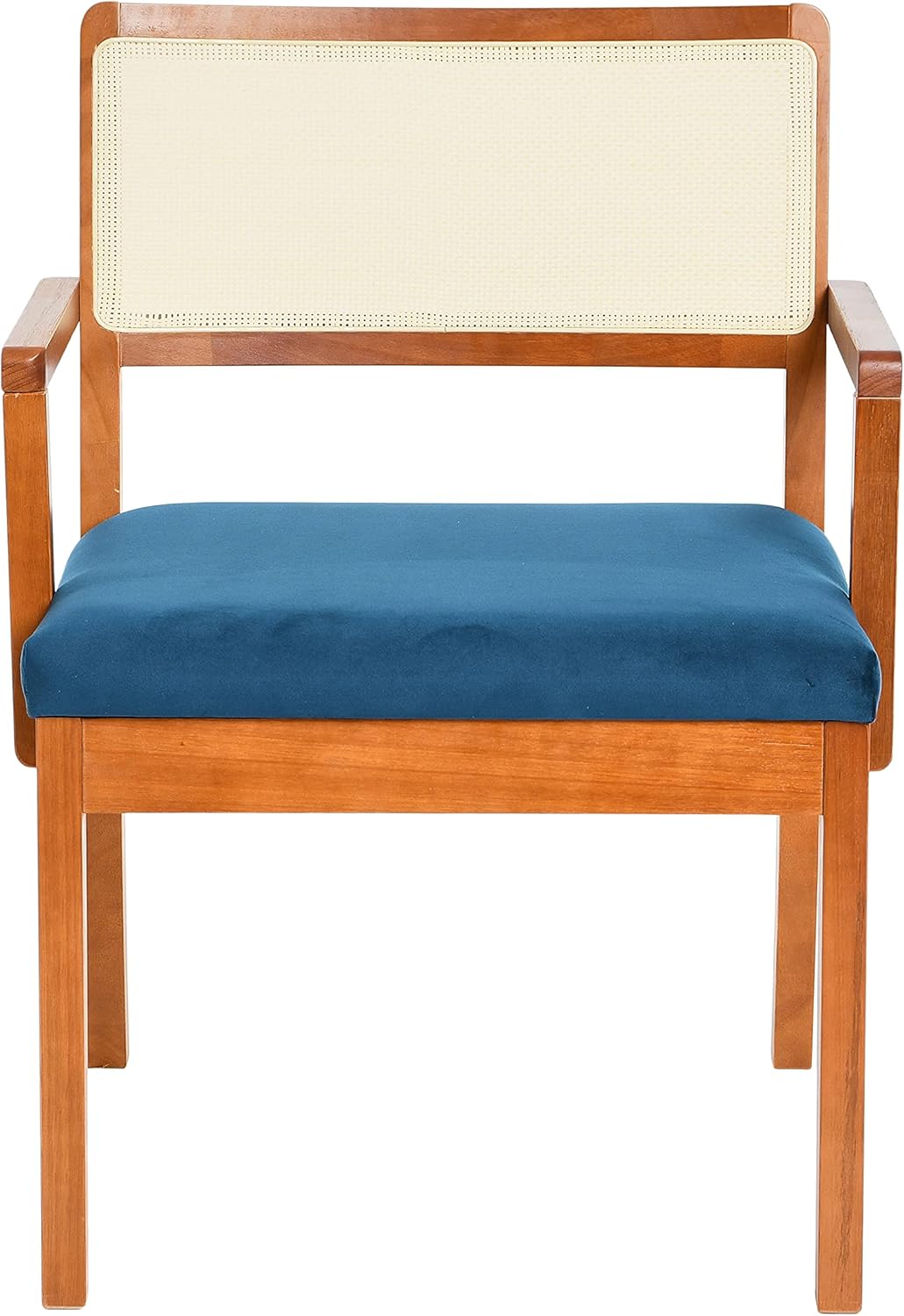 Creative CoOp Crawford Mid Century Modern Solid Wood Black Arm Chair with Natural Woven Cane Back and Velvet Upholstered Seat BlackDark Blue