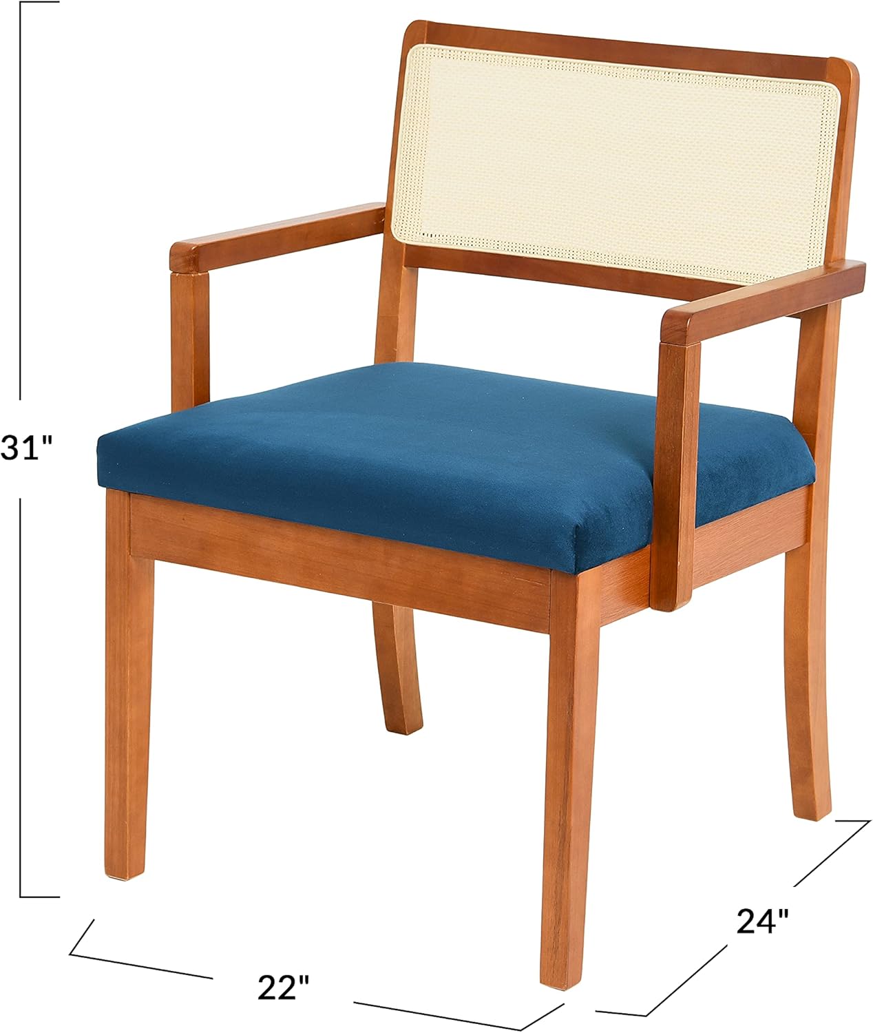 Creative CoOp Crawford Mid Century Modern Solid Wood Black Arm Chair with Natural Woven Cane Back and Velvet Upholstered Seat BlackDark Blue