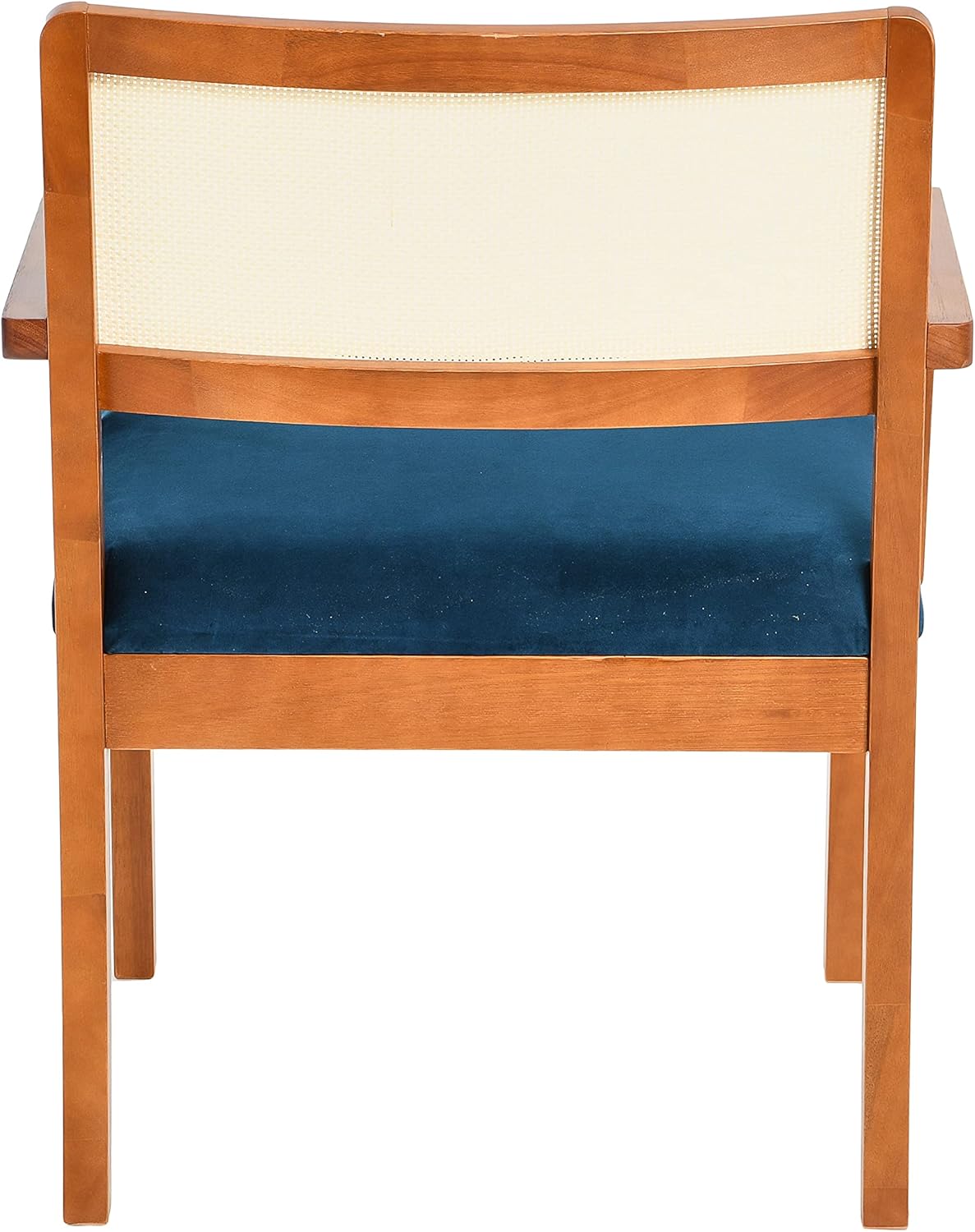 Creative CoOp Crawford Mid Century Modern Solid Wood Black Arm Chair with Natural Woven Cane Back and Velvet Upholstered Seat BlackDark Blue