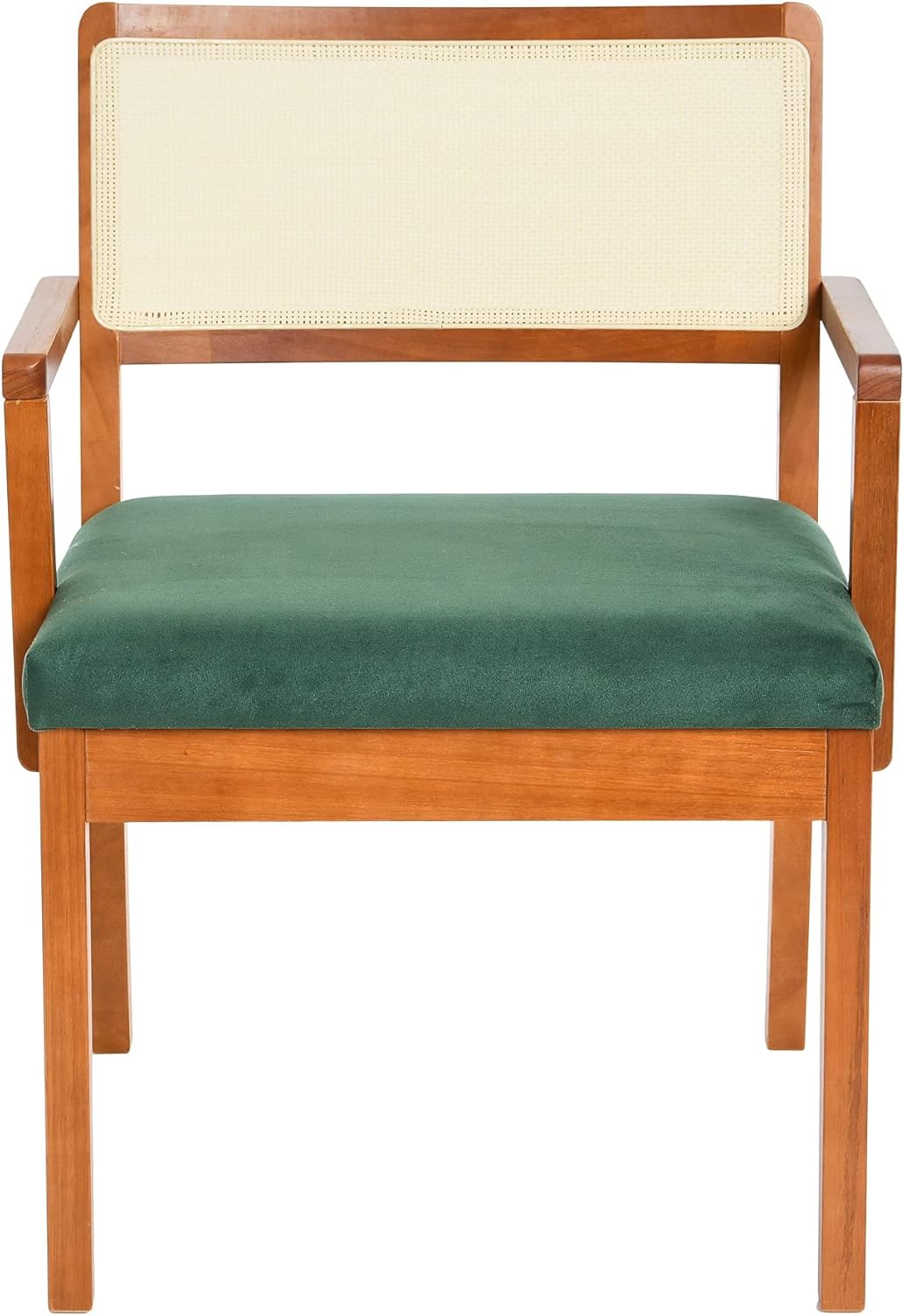 Creative CoOp Crawford Mid Century Modern Solid Wood Black Arm Chair with Natural Woven Cane Back and Velvet Upholstered Seat BlackDark Green