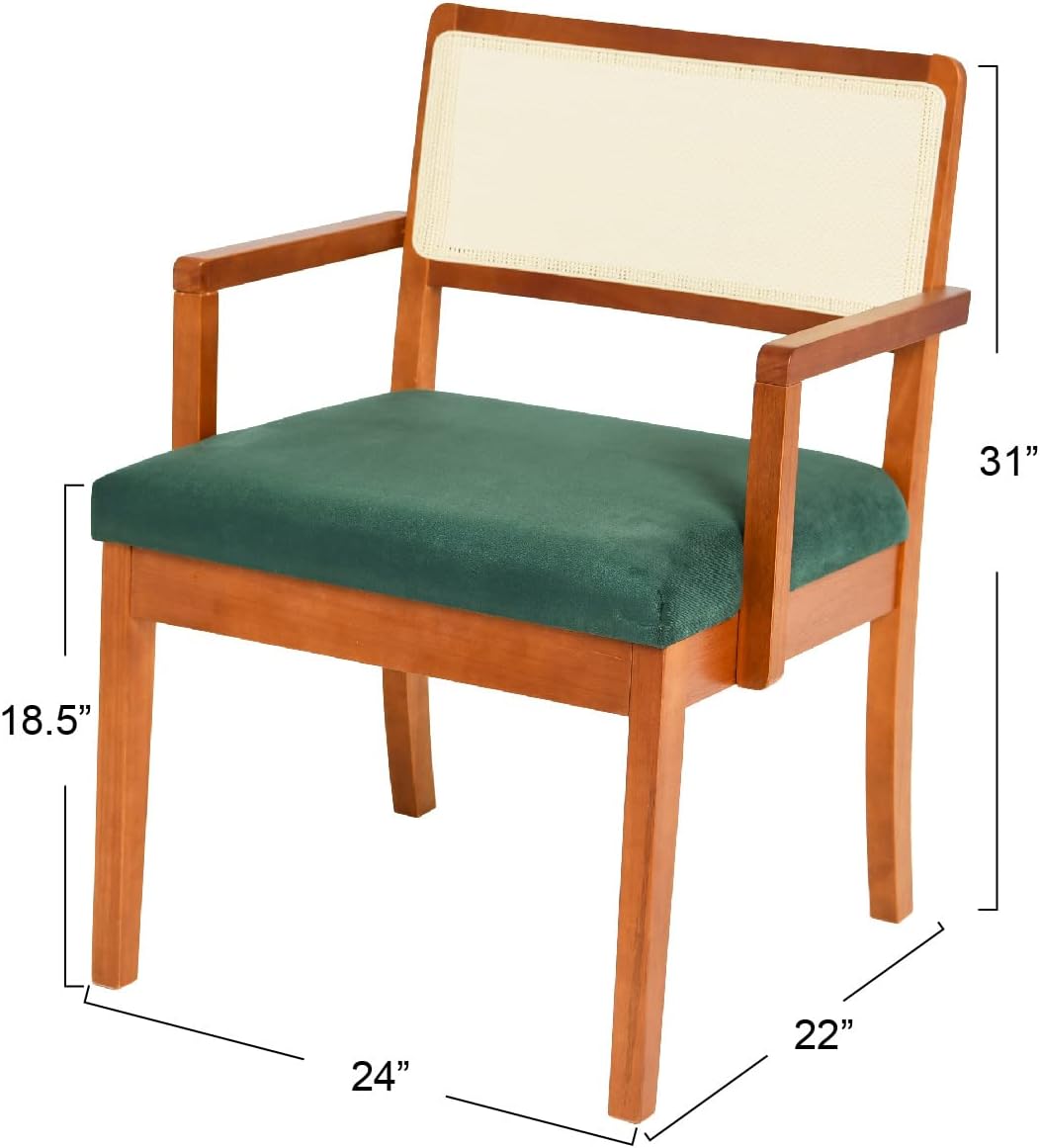 Creative CoOp Crawford Mid Century Modern Solid Wood Black Arm Chair with Natural Woven Cane Back and Velvet Upholstered Seat BlackDark Green