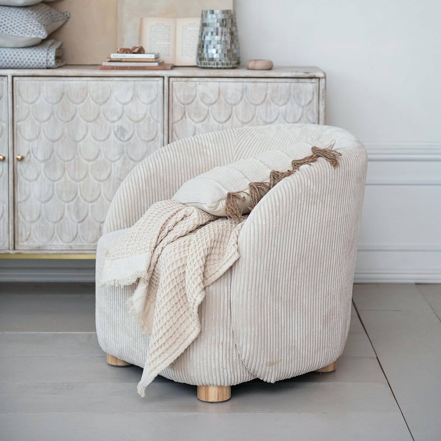 Creative CoOp Cream Corduroy Fabric Upholstered Arm Chair