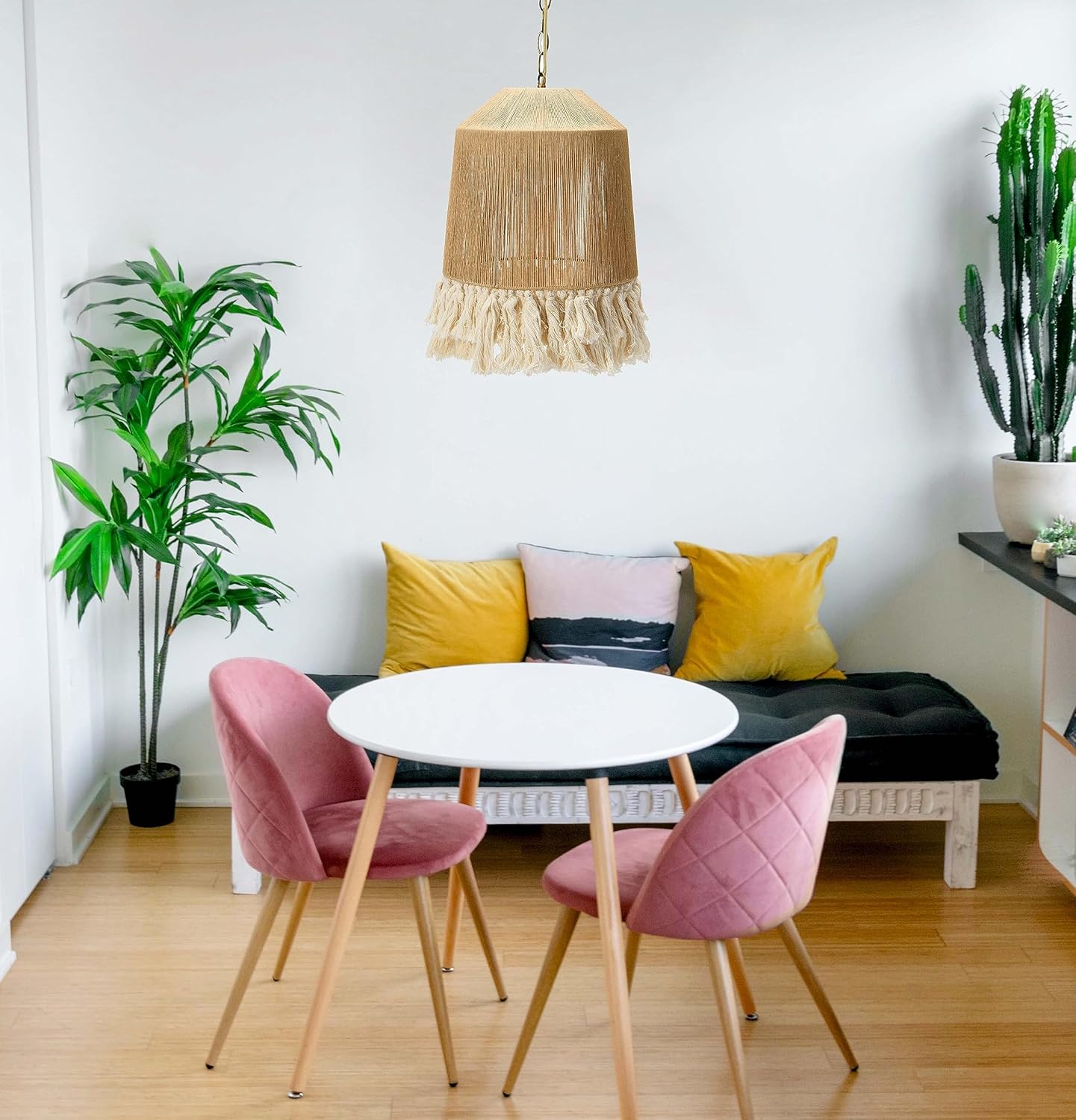 Creative CoOp EC0905 Coastal Lamp with Natural Paper Rope Shades Fringe Detail and Iron Base Pendant 1175quot1175