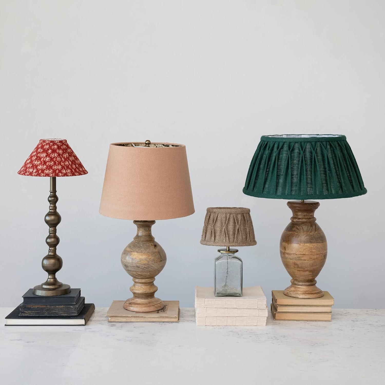 Creative CoOp Farmhouse Sculptural Wood Pleated Fabric Shade Natural and Green Table Lamp