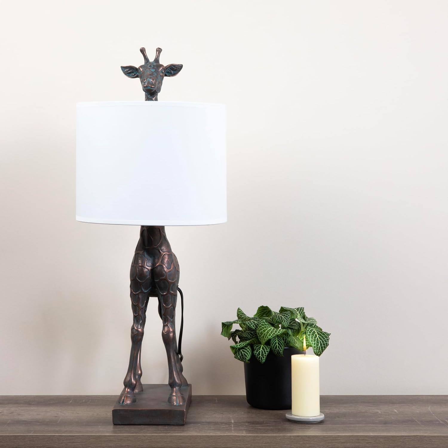 Creative CoOp Giraffe Table Lamp with Linen Shade Bronze FinishBronze