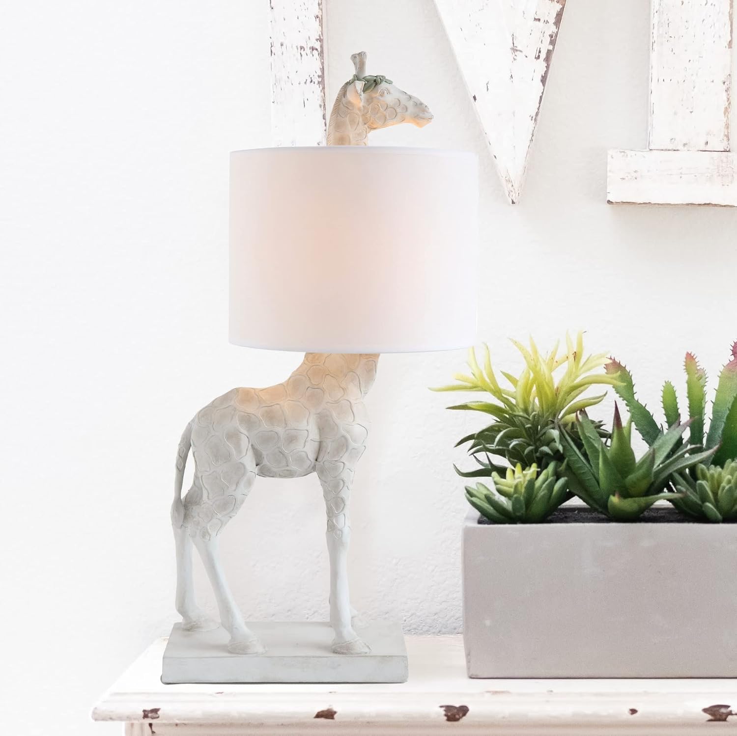 Creative CoOp Giraffe Table Lamp with Linen Shade Bronze FinishWhite