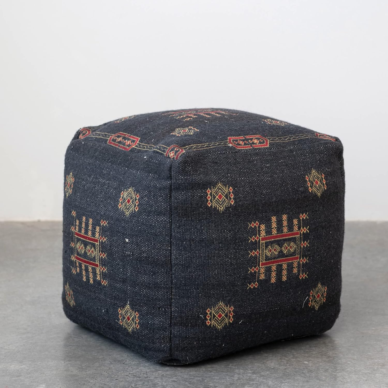 Creative CoOp Global Cotton Tufted Ottoman with Geometric Embroidery Navy Pouf Blue