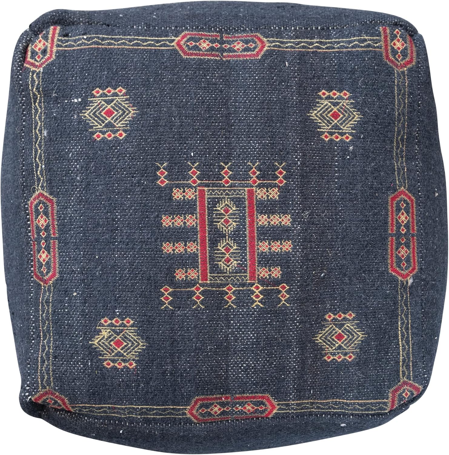 Creative CoOp Global Cotton Tufted Ottoman with Geometric Embroidery Navy Pouf Blue