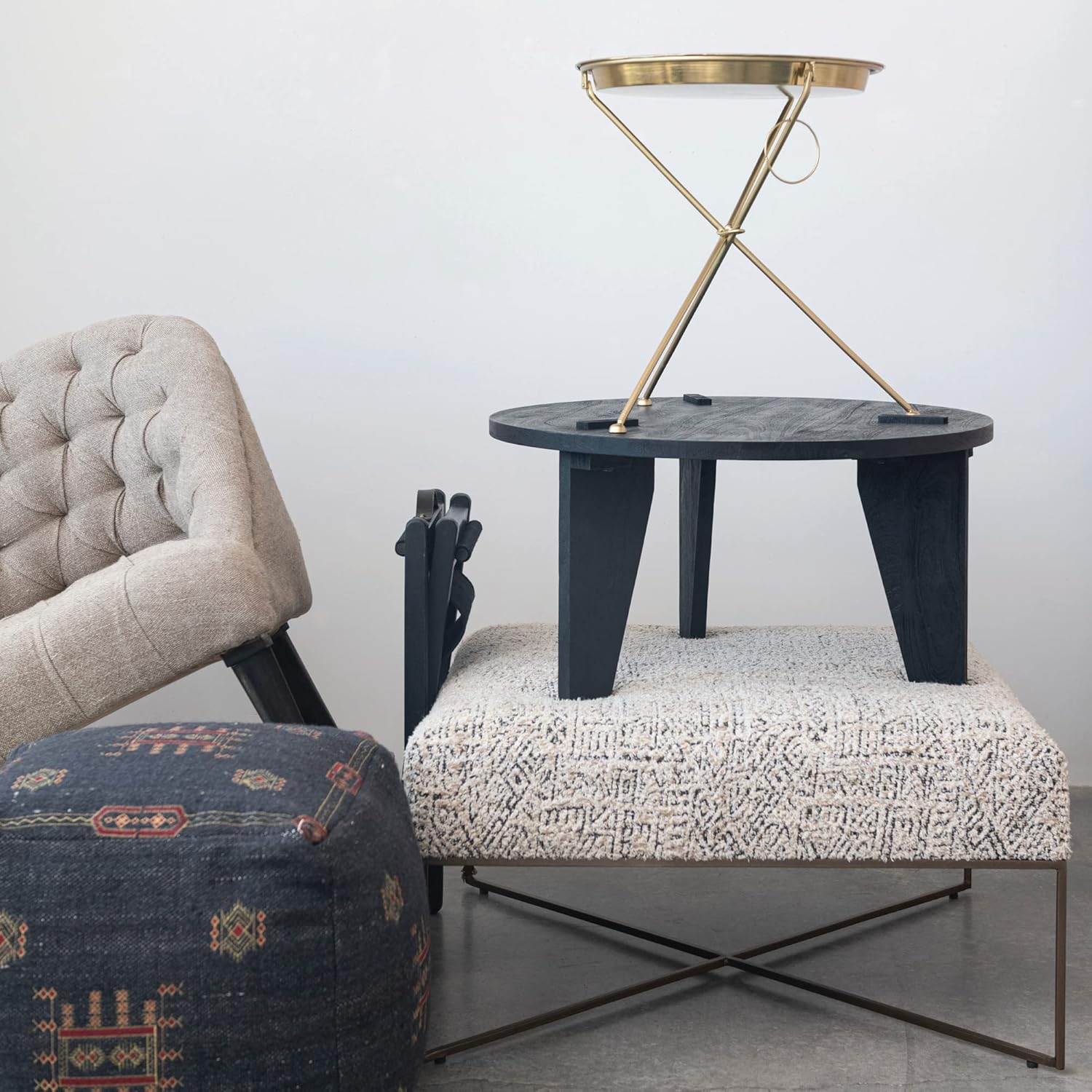 Creative CoOp Global Cotton Tufted Ottoman with Geometric Embroidery Navy Pouf Blue