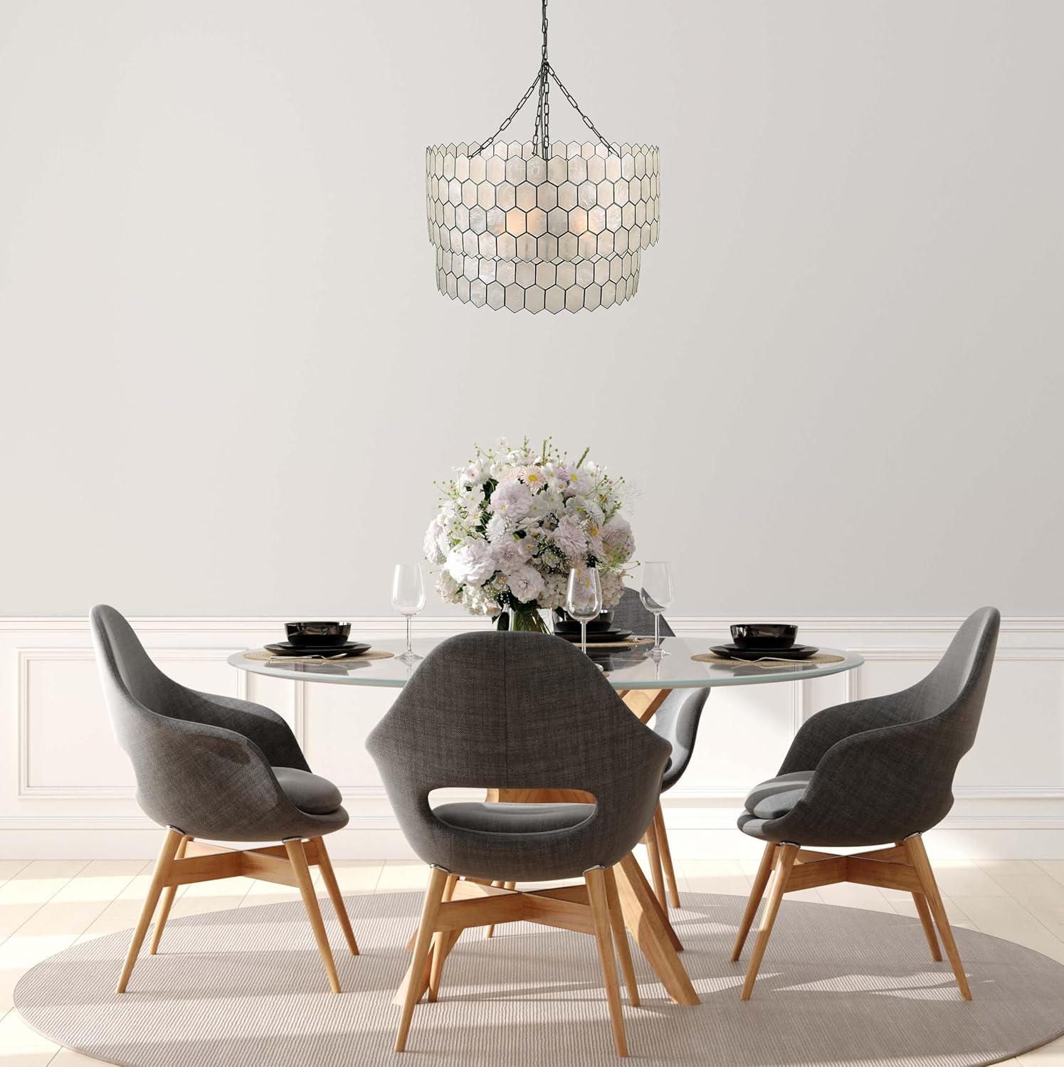 Creative CoOp Gold Honeycomb Globe Pendant Light Capiz White Seashells with Antique 16quotBlack