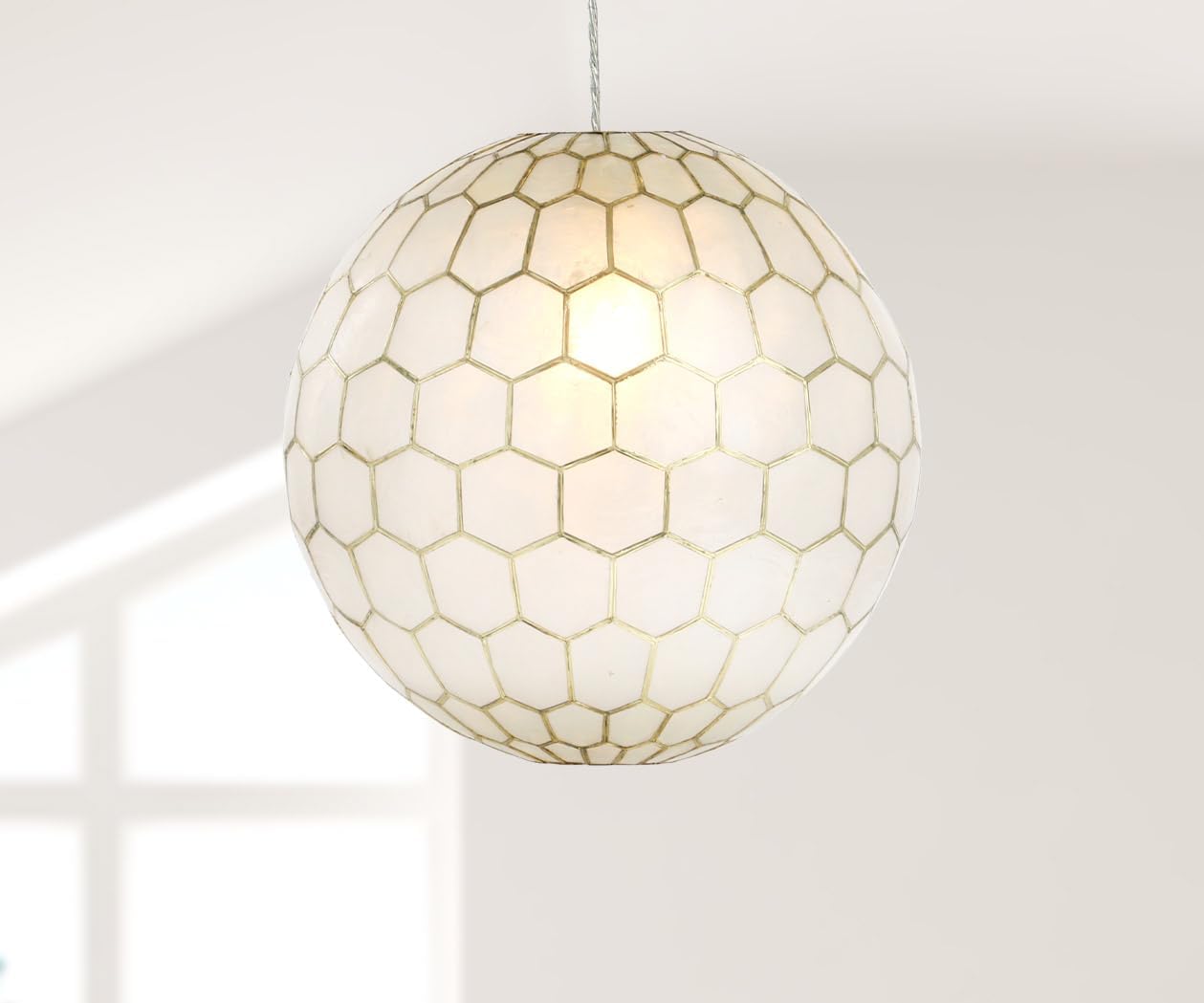 Creative CoOp Gold Honeycomb Globe Pendant Light Capiz White Seashells with Antique 16quotGold