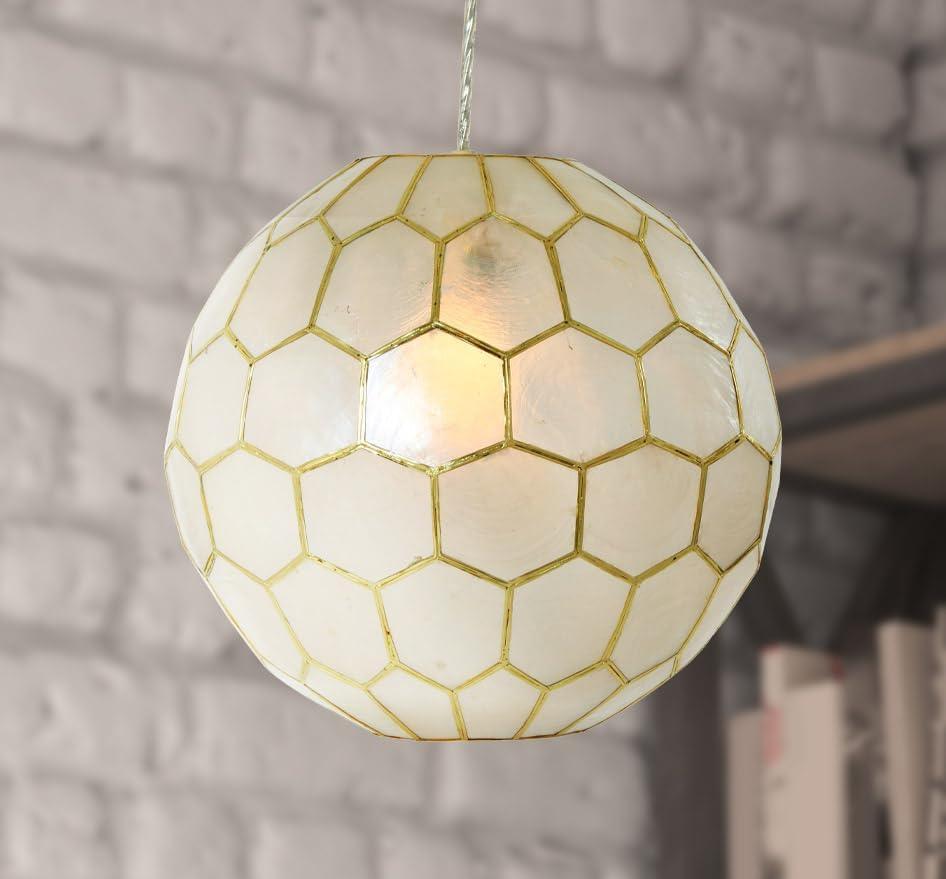 Creative CoOp Gold Honeycomb Globe Pendant Light Capiz White Seashells with Antique 16quotGold