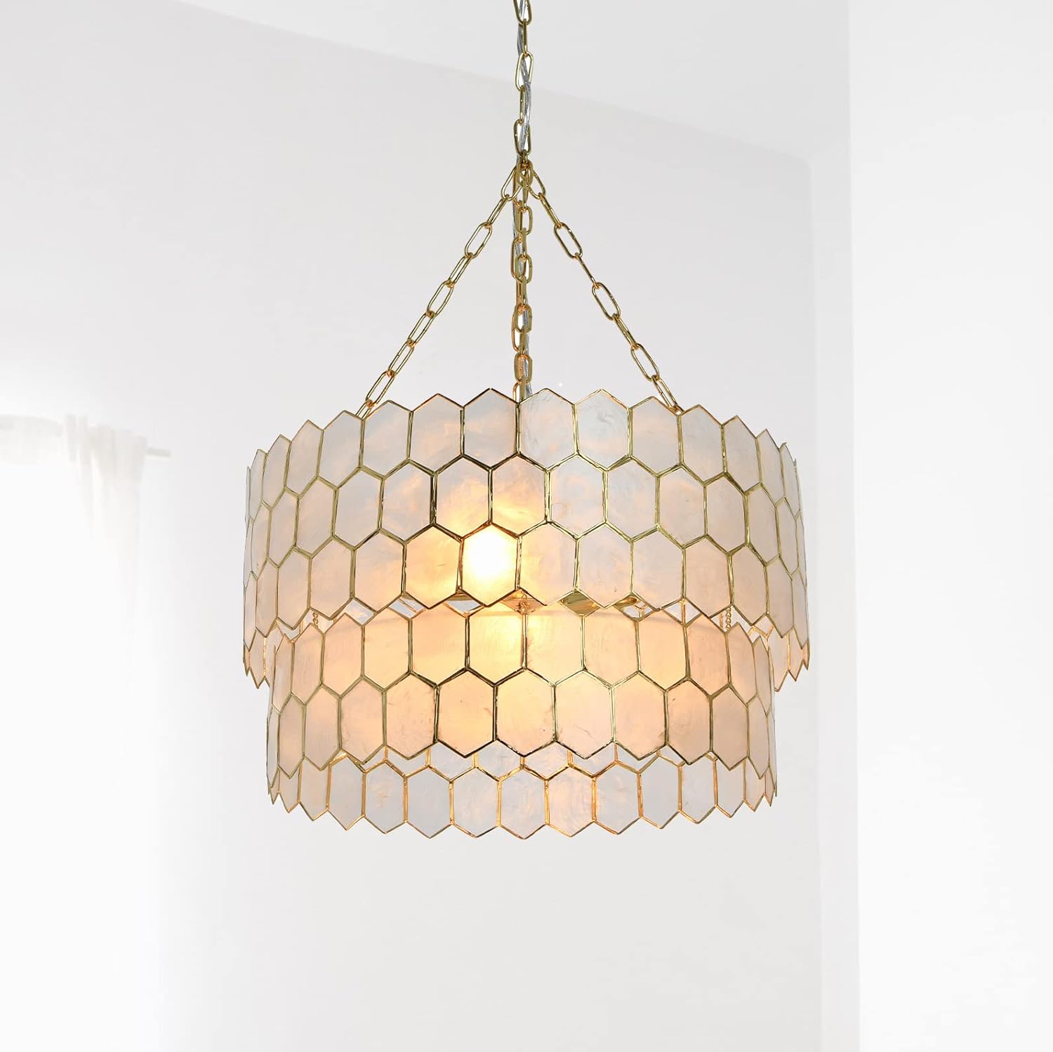Creative CoOp Gold Honeycomb Globe Pendant Light Capiz White Seashells with Antique 16quotGold