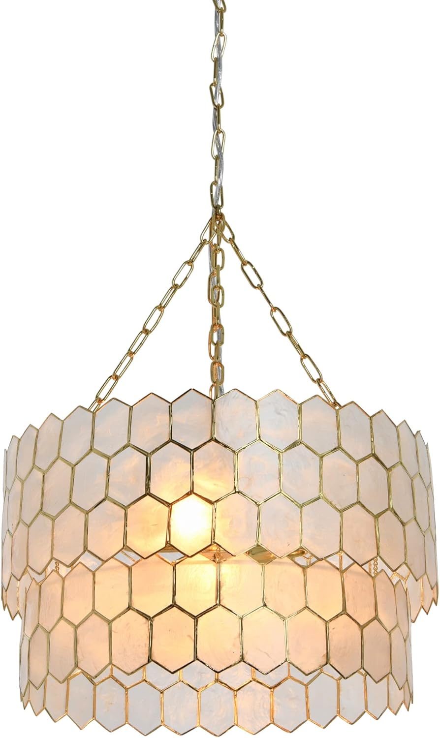 Creative CoOp Gold Honeycomb Globe Pendant Light Capiz White Seashells with Antique 16quotGold