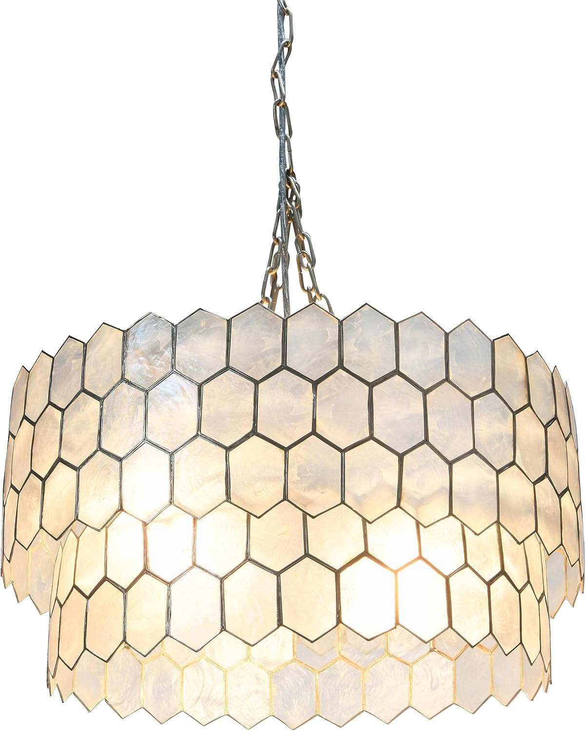 Creative CoOp Gold Honeycomb Globe Pendant Light Capiz White Seashells with Antique 16quotMatte Silver