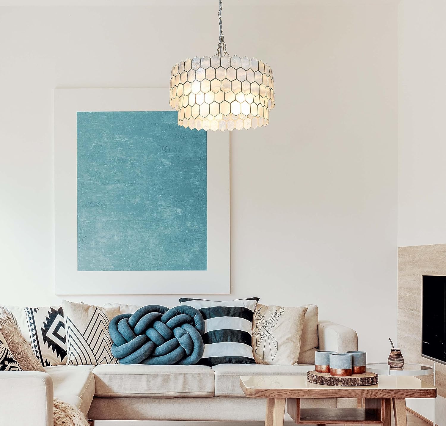 Creative CoOp Gold Honeycomb Globe Pendant Light Capiz White Seashells with Antique 16quotMatte Silver