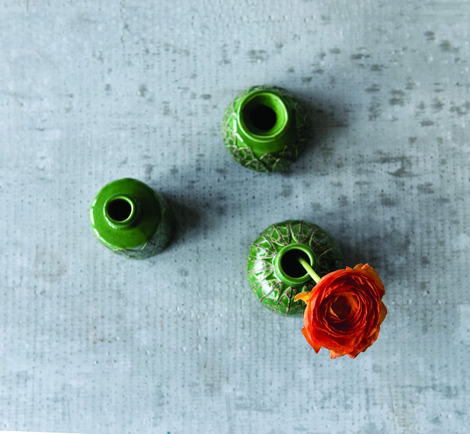 Creative CoOp Green Embossed Stoneware Vases Set of 3 Sizes