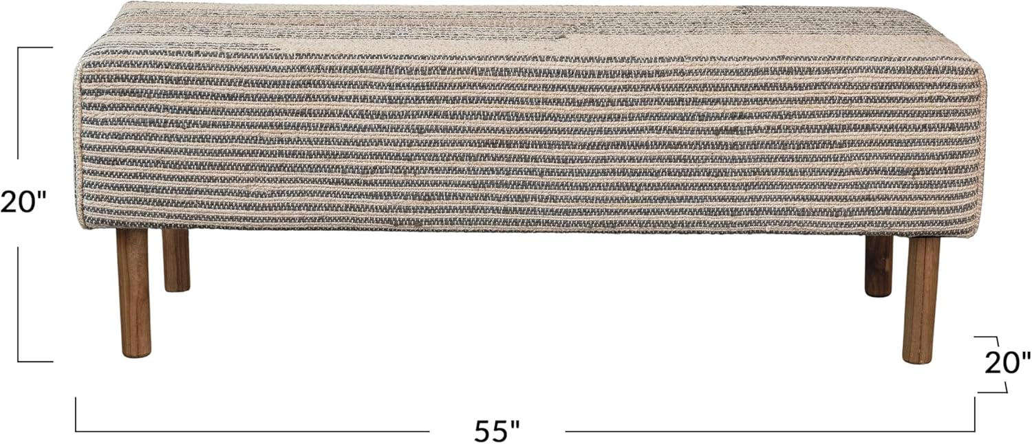 Creative CoOp Grey Woven Jute and Cotton Dhurrie Bench with Oak Wood Legs