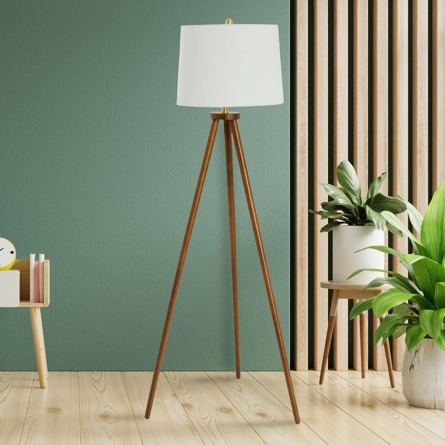 Creative CoOp Mid Century Modern Tripod Wood Floor Lamp with Linen Shade Natural and CreamWhite