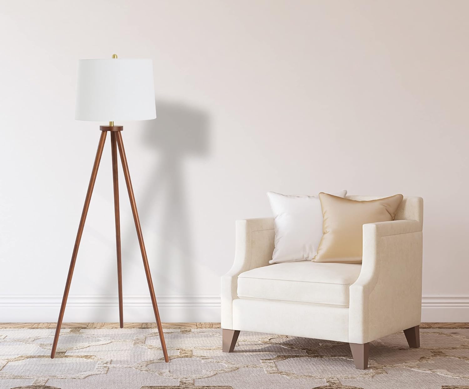 Creative CoOp Mid Century Modern Tripod Wood Floor Lamp with Linen Shade Natural and CreamWhite