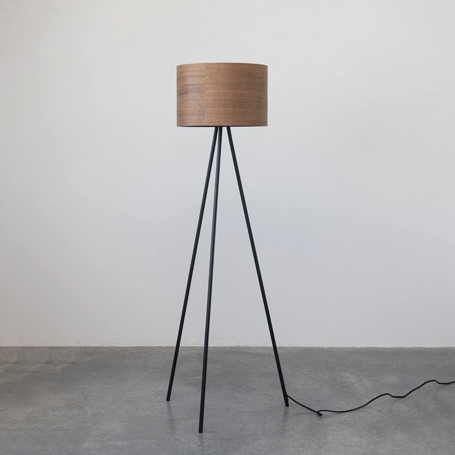 Creative CoOp Modern Metal Tripod Walnut Wood Shade Natural and Black Floor Lamp Brown