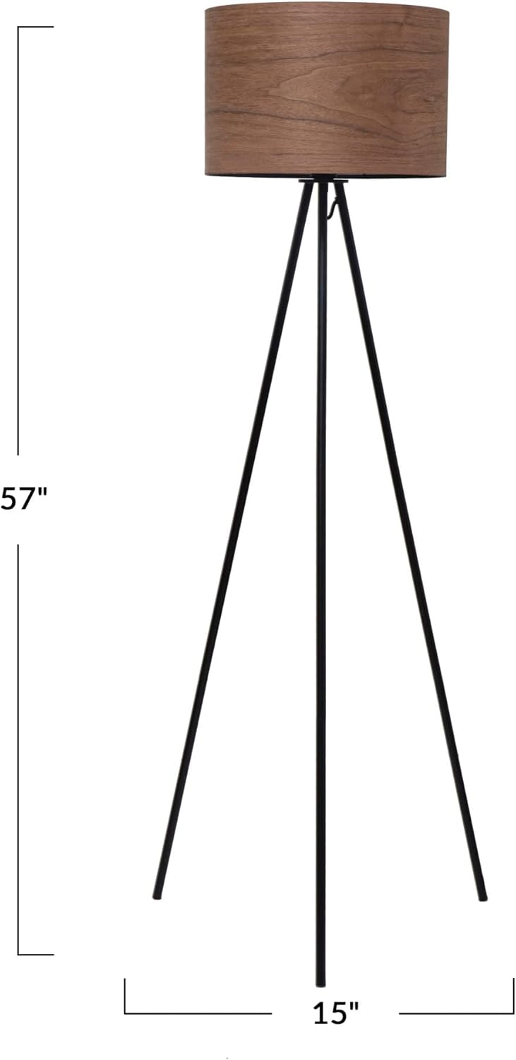 Creative CoOp Modern Metal Tripod Walnut Wood Shade Natural and Black Floor Lamp Brown