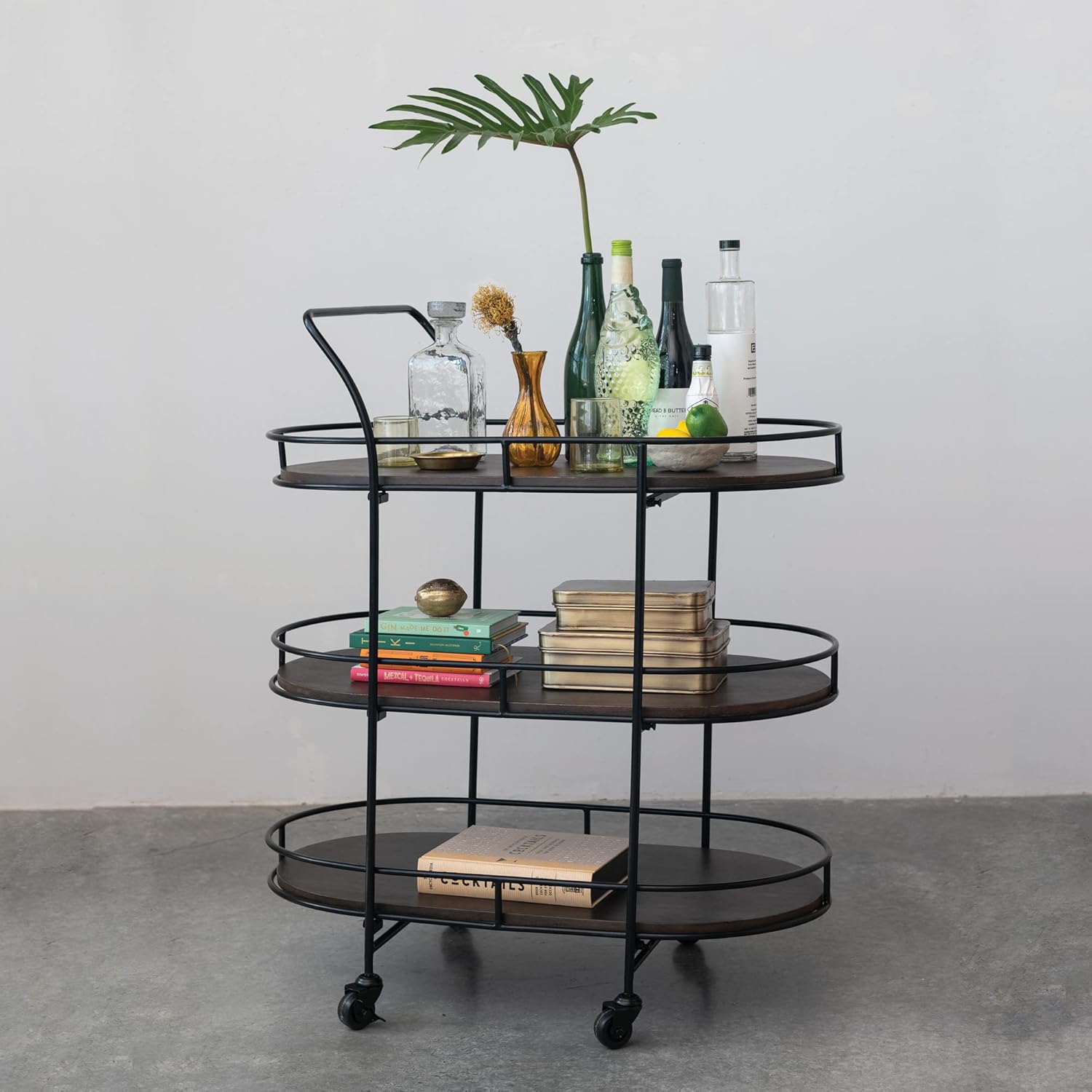 Creative CoOp Modern Metal Wood Lined Shelves Black and Brown Bar Cart